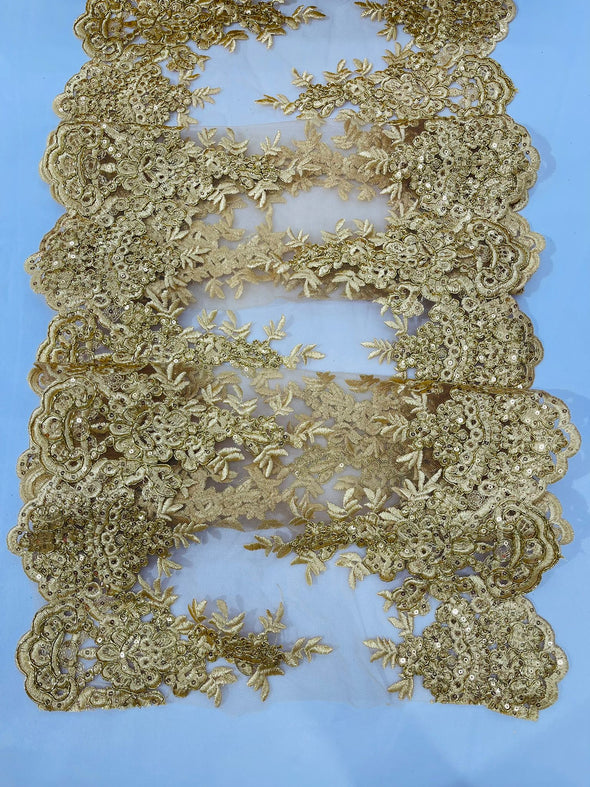 Gold Metallic 14"Wide Sequins Metallic Embroidered Lace on Mesh Fabric, Trim Lace, Table Runner. Sold By The Yard.