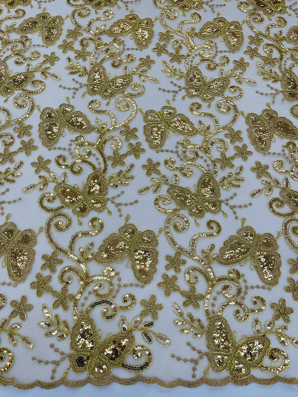 Gold Metallic Corded Lace/ Butterfly Design Embroidered With Sequin on a Mesh Lace Fabric