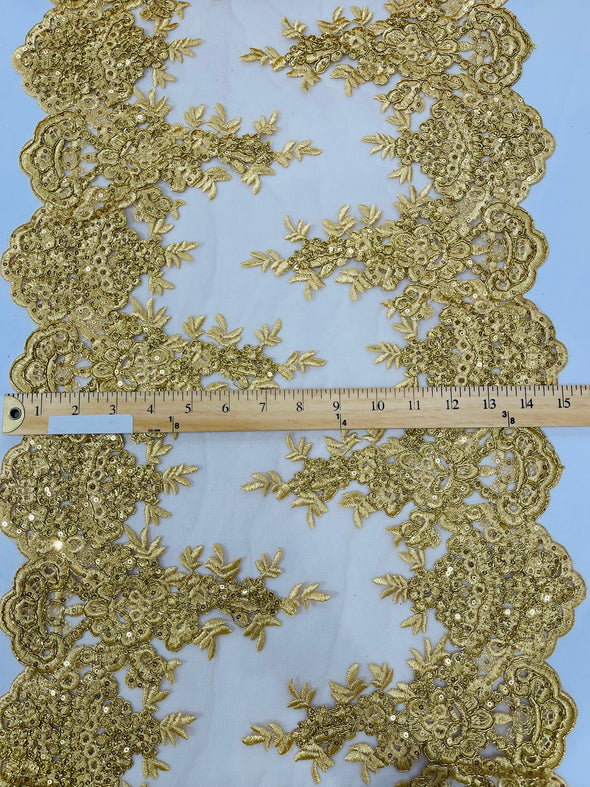 Gold Metallic 14"Wide Sequins Metallic Embroidered Lace on Mesh Fabric, Trim Lace, Table Runner. Sold By The Yard.