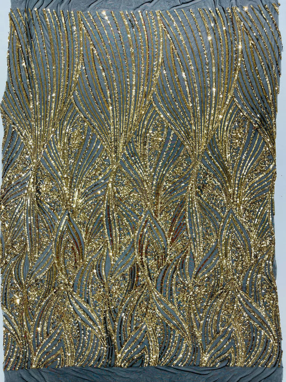 Shiny geometric Feather wing shiny sequin design on a 4 way stretch mesh Fabric-prom-sold by the yard.