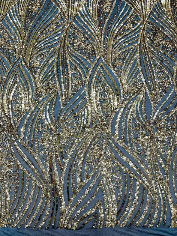 Gold On Black Shiny Geometric Feather wing shiny sequin design on a 4 way stretch mesh Fabric-prom-sold by the yard.