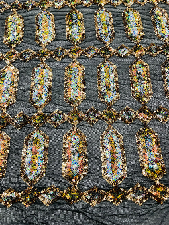 Gold Silver On Black Multi Color Iridescent Jewel Sequin Design On a 4 Way Stretch Mesh Fabric - Sold By The Yard