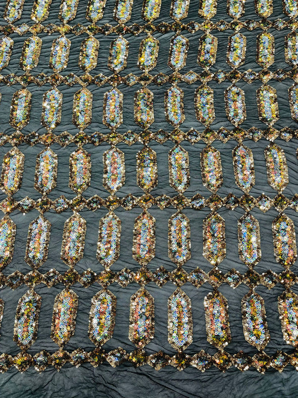 Gold Silver On Black Multi Color Iridescent Jewel Sequin Design On a 4 Way Stretch Mesh Fabric - Sold By The Yard
