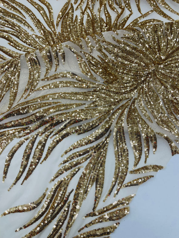 Gold Phoenix Feather Design with Sequins Embroider on a White 4 way Stretch Mesh Fabric- Sold by the yard.