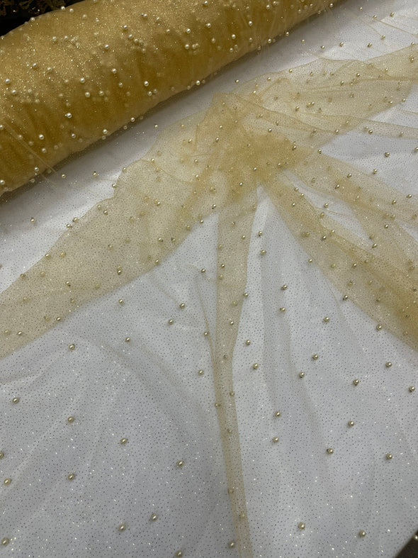 Pearl Glitter Studded Mesh, 2-Way Stretch Shimmer Mesh Fabric, Sold by the yard.