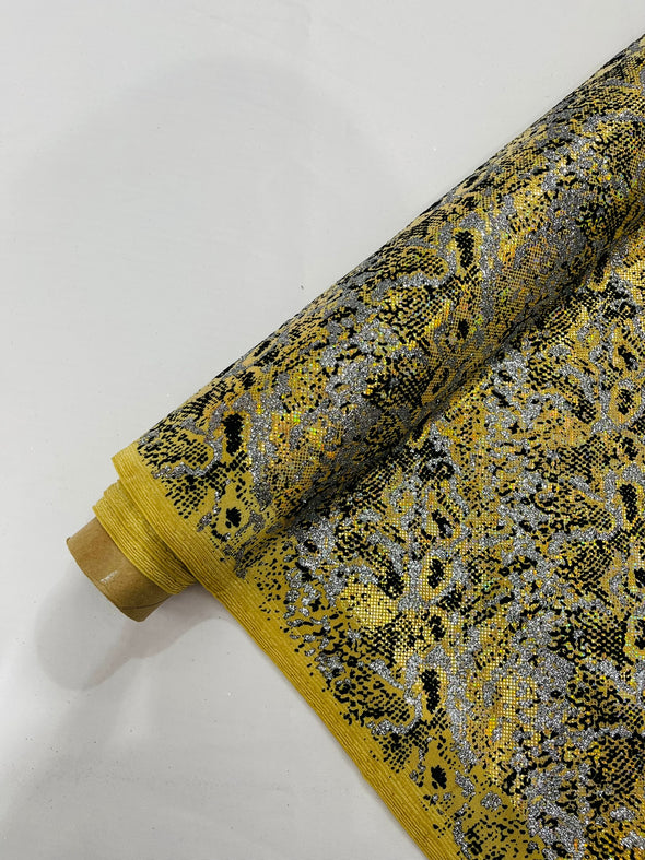 Gold Shattered Glass Snake Design Nylon Spandex Fabric, 4-Way Stretch, Medium Weight, Sold by The Yard