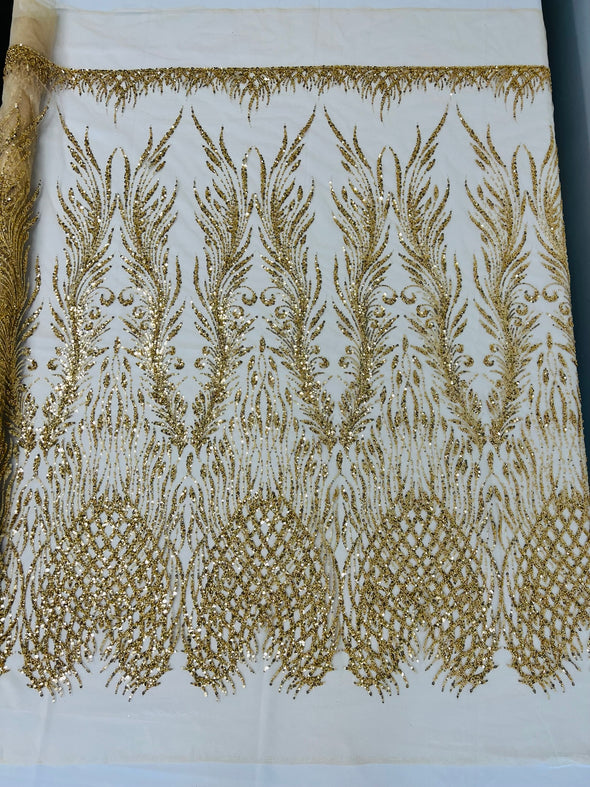 Gold Feathers damask embroider and heavy beaded on a mesh lace fabric- Sold by the yard