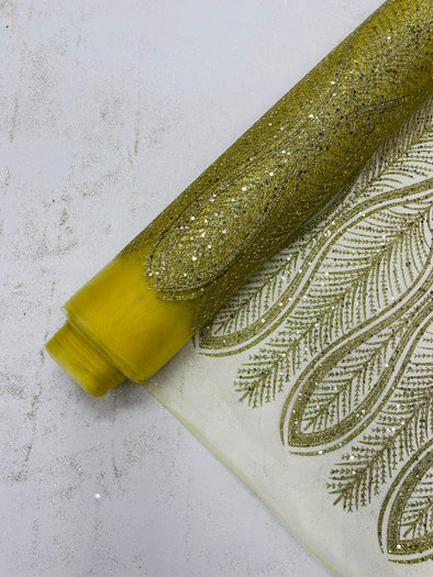 Gold Glitter Feather Damask Design On A Mesh Lace Fabric/Prom.