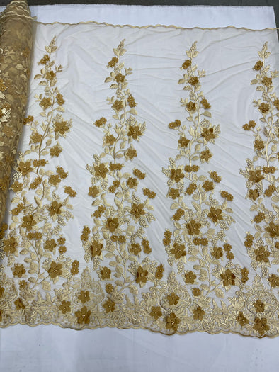 Gold 3D floral design embroider and beaded with pearls on a mesh lace-prom-dresses-nightgown-apparel-fashion-Sold by yard