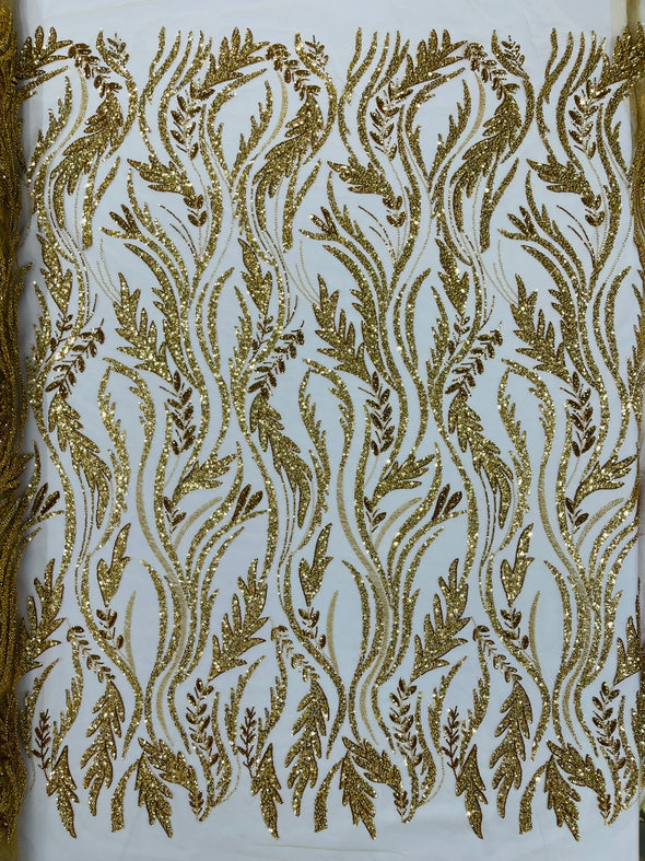 Gold Luxury Festival Beaded Vine Lace Fabric, Sold by The Yard.