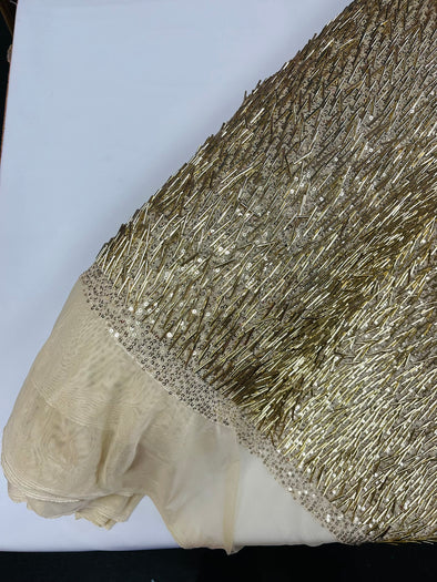 Gold Vegas Beaded Sequin Stretch Mesh Fabric, Embroidered Design for Prom Gown, by The Yard