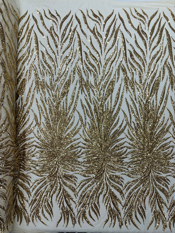 Gold Phoenix Feather Design with Sequins Embroider on a White 4 way Stretch Mesh Fabric- Sold by the yard.