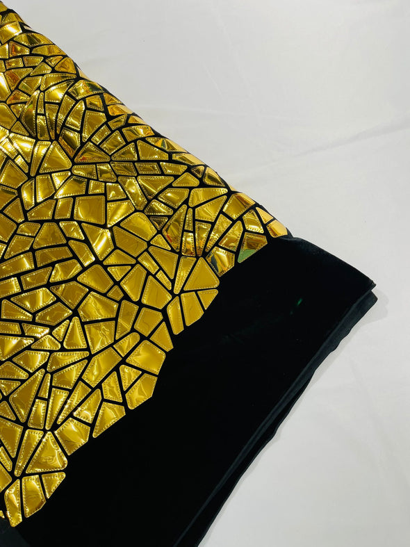 Gold Shiny Broken Glass Sequin Design/Geometric/ On Black Stretch Velvet Fabric Sold By The Yard
