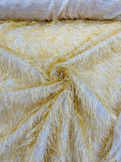 Gold Shaggy Jacquard Faux Ostrich/Eye Lash Feathers Sewing Fringe With Metallic Thread Fabric By The Yard