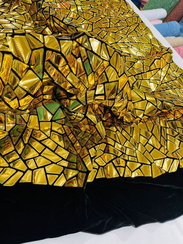 Gold Shiny Broken Glass Sequin Design/Geometric/ On Black Stretch Velvet Fabric Sold By The Yard