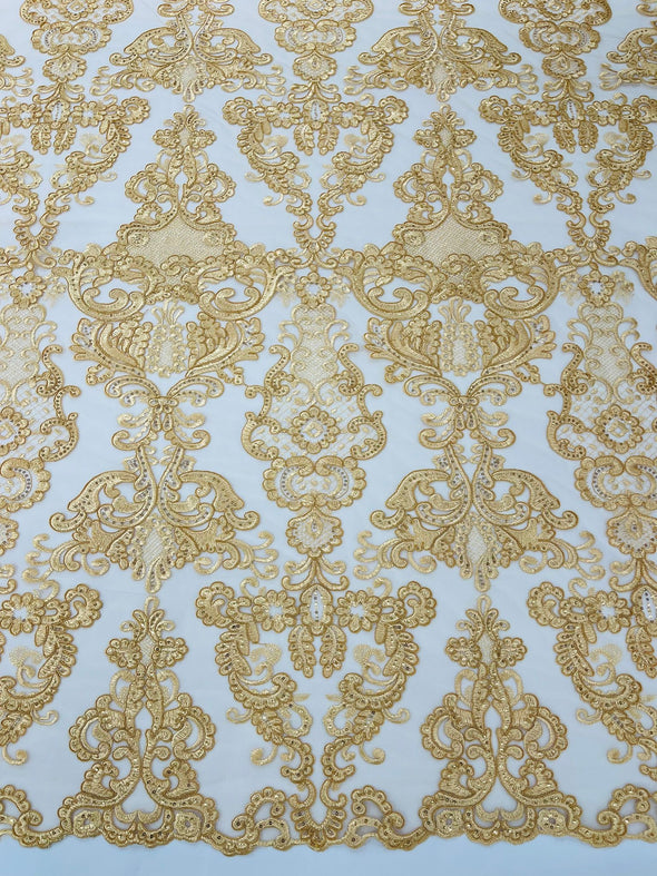 Gold Embroidery Damask Design With Sequins On A Mesh Lace Fabric/Prom/Wedding (Copy)
