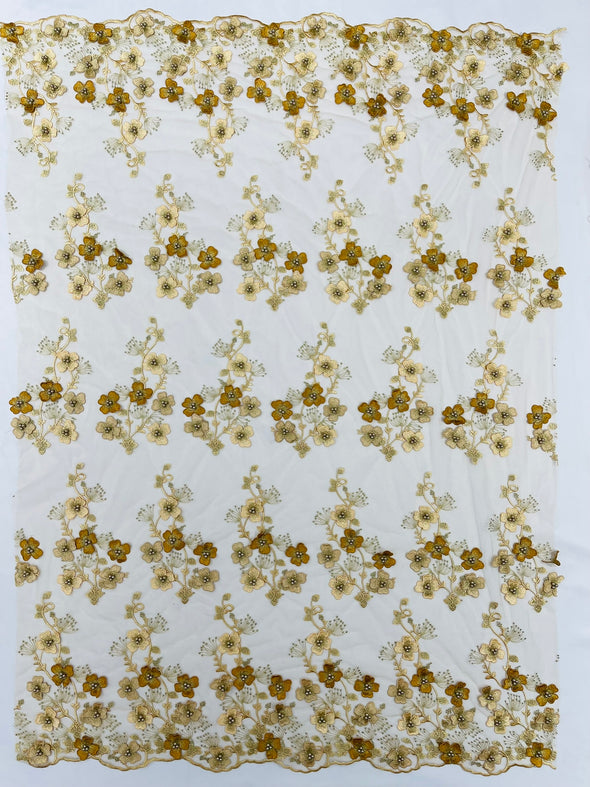Multi Color 3D Floral Design Embroider with Pearls in a Mesh Lace -Sold by the yard.