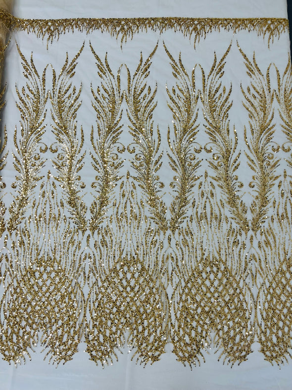 Gold Feathers damask embroider and heavy beaded on a mesh lace fabric- Sold by the yard