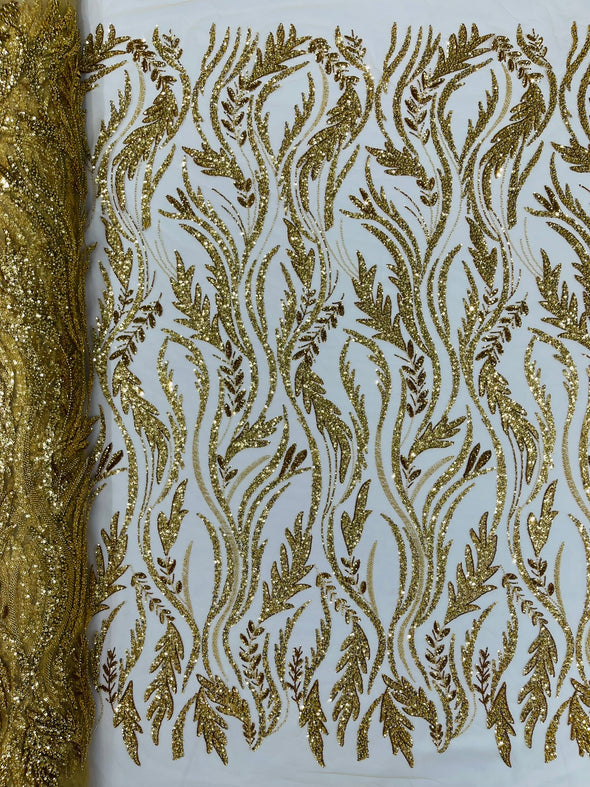Gold Luxury Festival Beaded Vine Lace Fabric, Sold by The Yard.