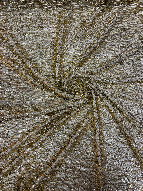 Gold Vegas Beaded Sequin Stretch Mesh Fabric, Embroidered Design for Prom Gown, by The Yard