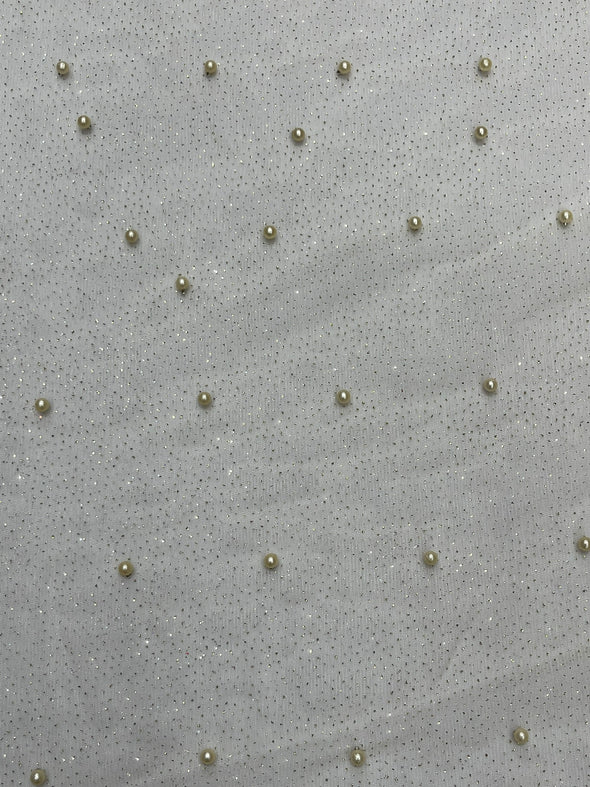 Pearl Glitter Studded Mesh, 2-Way Stretch Shimmer Mesh Fabric, Sold by the yard.