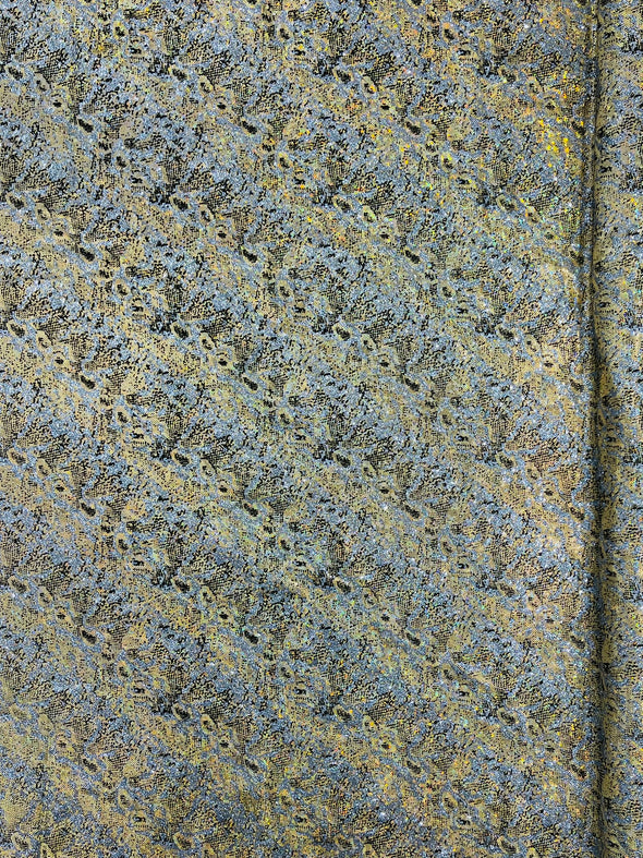 Gold Shattered Glass Snake Design Nylon Spandex Fabric, 4-Way Stretch, Medium Weight, Sold by The Yard
