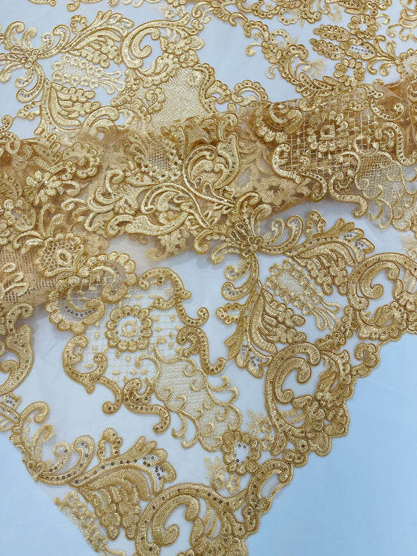 Gold Embroidery Damask Design With Sequins On A Mesh Lace Fabric/Prom/Wedding (Copy)