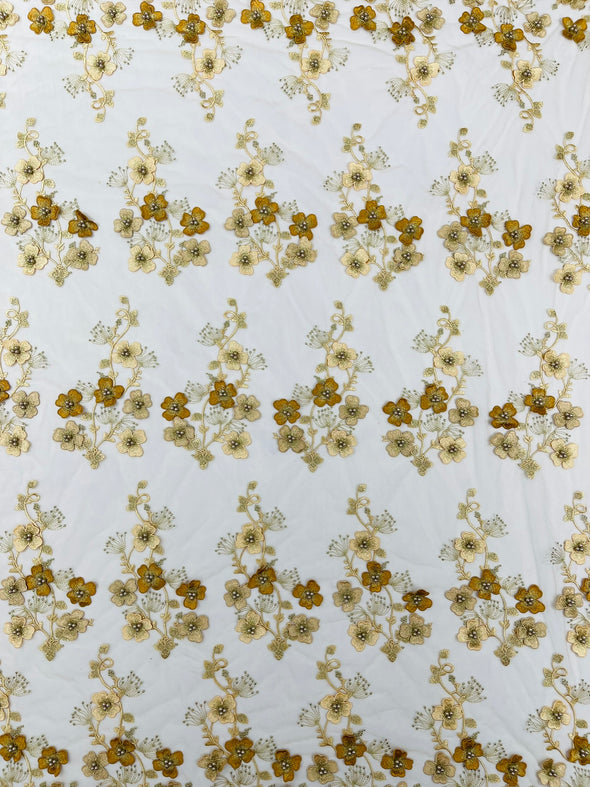 Multi Color 3D Floral Design Embroider with Pearls in a Mesh Lace -Sold by the yard.