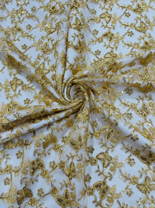 Gold Corded Lace/Small Butterfly Design Embroidered with Sequin on a Mesh Lace Fabric.