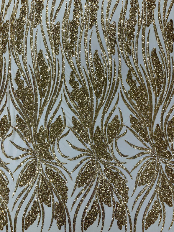 Feather damask shiny sequin design on a 4 way stretch mesh Fabric-prom-Sold by the yard