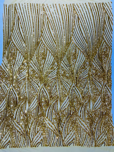 Gold Shiny Geometric Feather wing shiny sequin design on a 4 way stretch mesh Fabric-prom-sold by the yard.