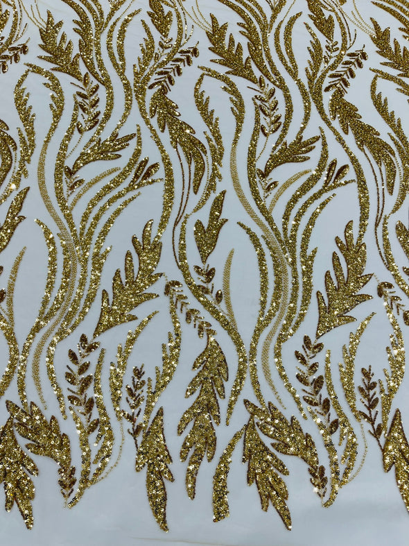 Gold Luxury Festival Beaded Vine Lace Fabric, Sold by The Yard.