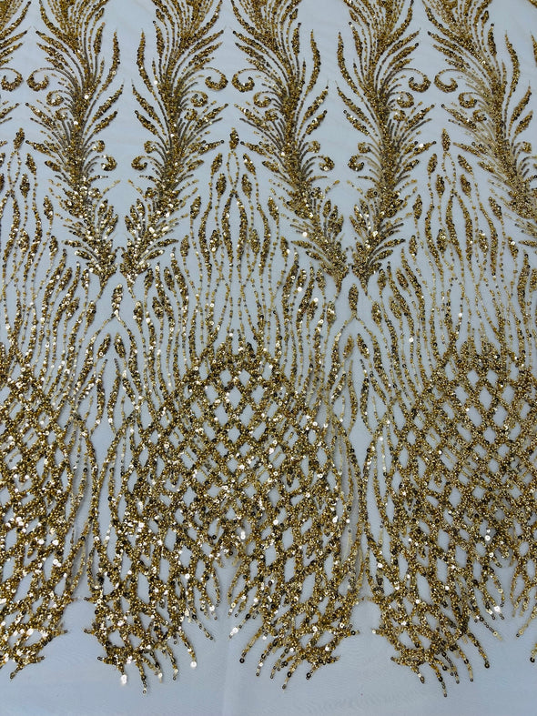 Feathers damask embroider and heavy beaded on a mesh lace fabric- Sold by the yard