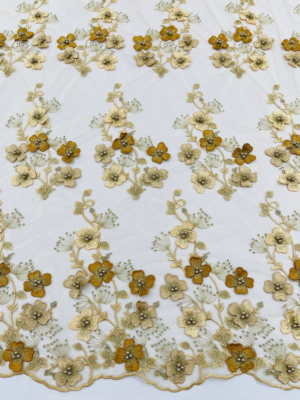 Multi Color 3D Floral Design Embroider with Pearls in a Mesh Lace -Sold by the yard.