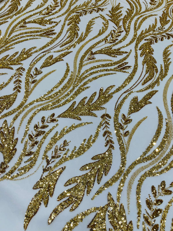 Gold Luxury Festival Beaded Vine Lace Fabric, Sold by The Yard.