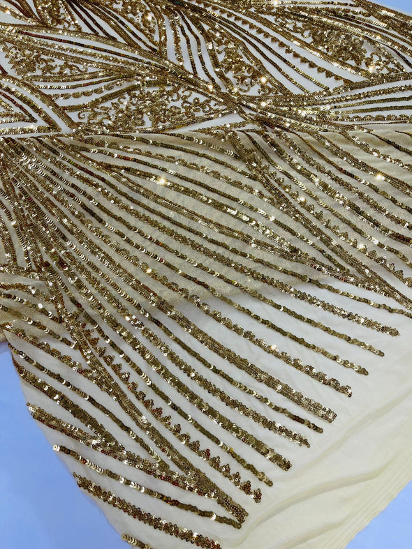 Gold Shiny Geometric Feather wing shiny sequin design on a 4 way stretch mesh Fabric-prom-sold by the yard.