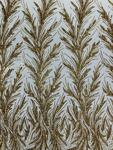 Gold Feather damask shiny sequin design on a 4 way stretch mesh Fabric-prom-Sold by the yard