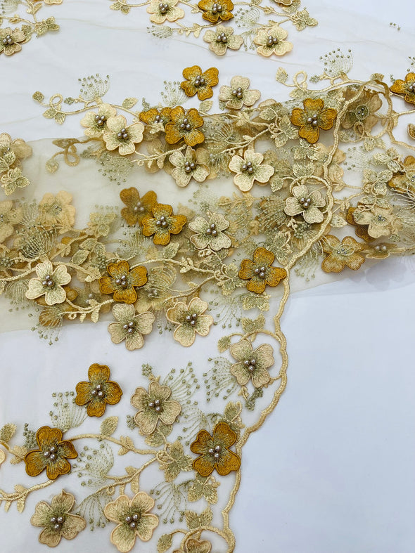 Multi Color 3D Floral Design Embroider with Pearls in a Mesh Lace -Sold by the yard.