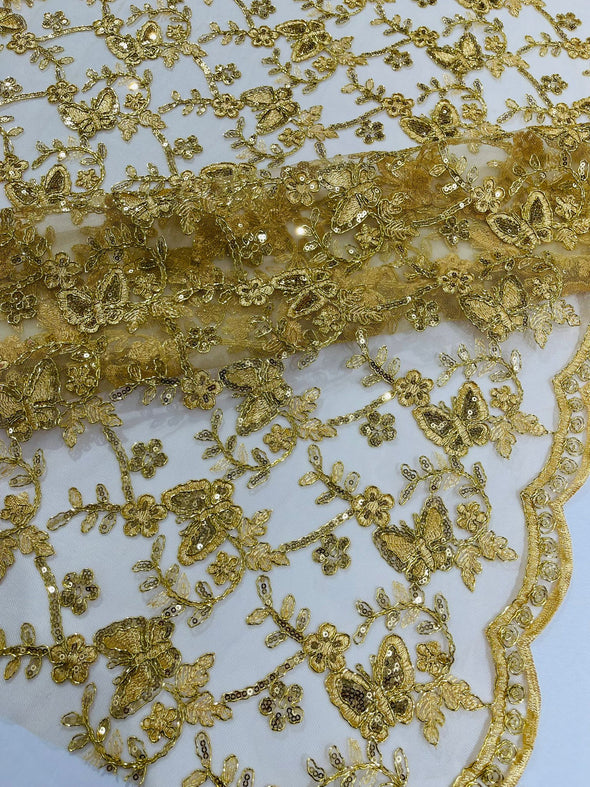 Gold Corded Lace/Small Butterfly Design Embroidered with Sequin on a Mesh Lace Fabric.