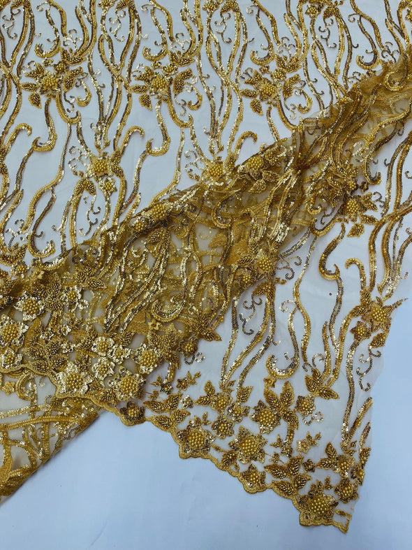 Gold Vine Floral Beaded Lace Sequin Embroider lace Sold By The Yard.