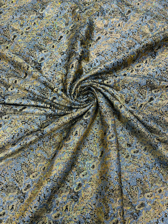 Gold Shattered Glass Snake Design Nylon Spandex Fabric, 4-Way Stretch, Medium Weight, Sold by The Yard