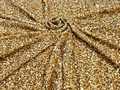 Gold 54" Stretch Velvet with Luxury Sequins All Over 5mm Shining Sequins 2-Way Stretch. Sold by the yard.