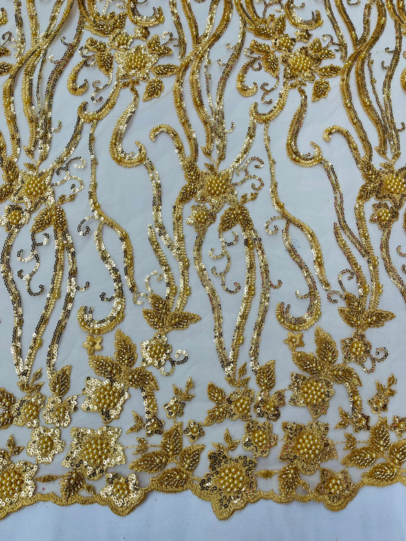 Gold Vine Floral Beaded Lace Sequin Embroider lace Sold By The Yard.