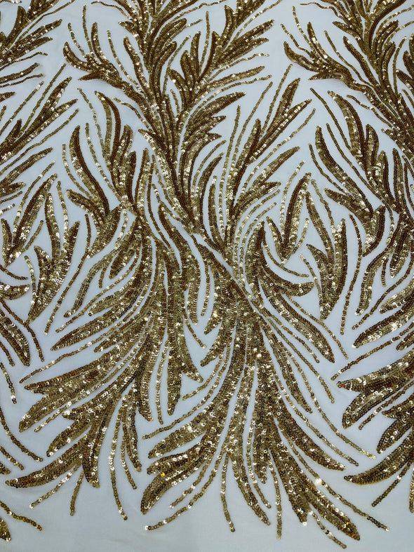 Gold Feather damask shiny sequin design on a 4 way stretch mesh Fabric-prom-Sold by the yard