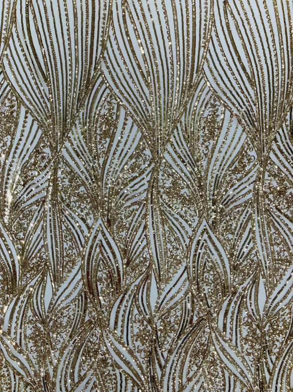 Gold Shiny Geometric Feather wing shiny sequin design on a 4 way stretch mesh Fabric-prom-sold by the yard.