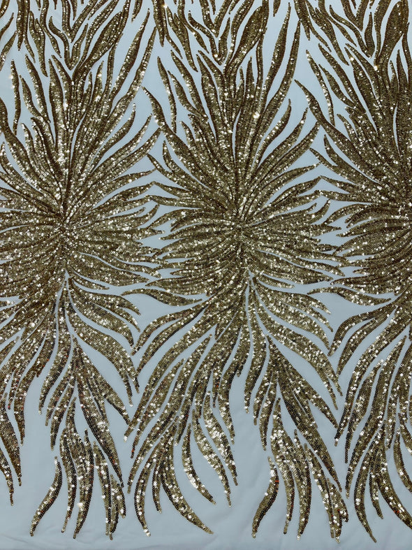 Gold Phoenix Feather Design with Sequins Embroider on a White 4 way Stretch Mesh Fabric- Sold by the yard.