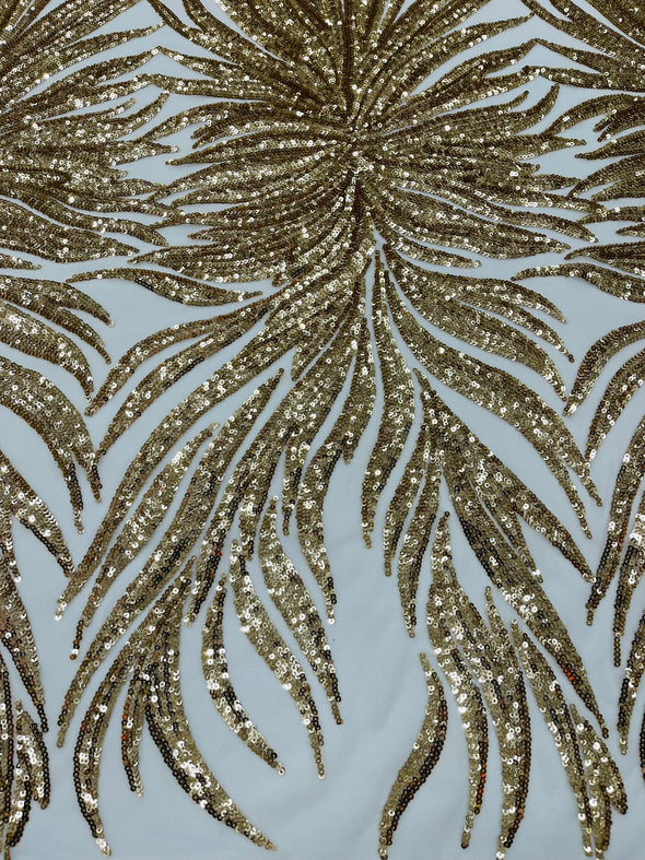 Gold Phoenix Feather Design with Sequins Embroider on a White 4 way Stretch Mesh Fabric- Sold by the yard.