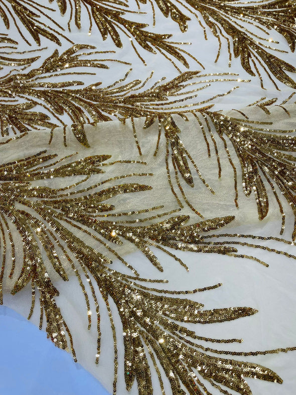 Gold Feather damask shiny sequin design on a 4 way stretch mesh Fabric-prom-Sold by the yard