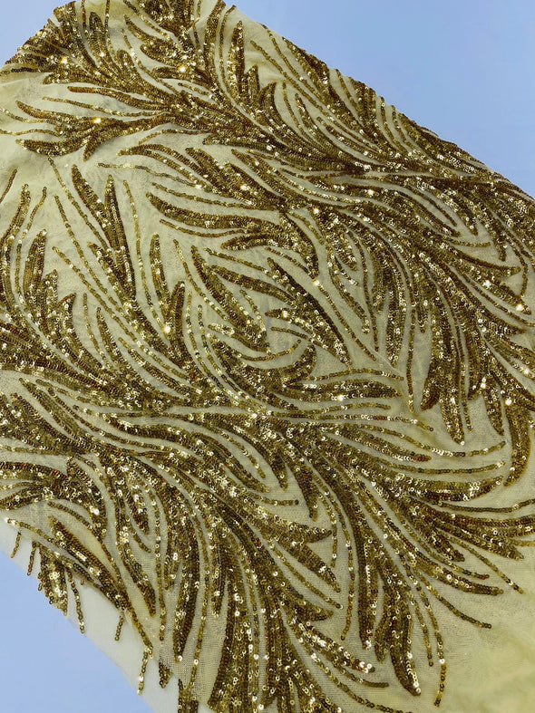 Gold Feather damask shiny sequin design on a 4 way stretch mesh Fabric-prom-Sold by the yard