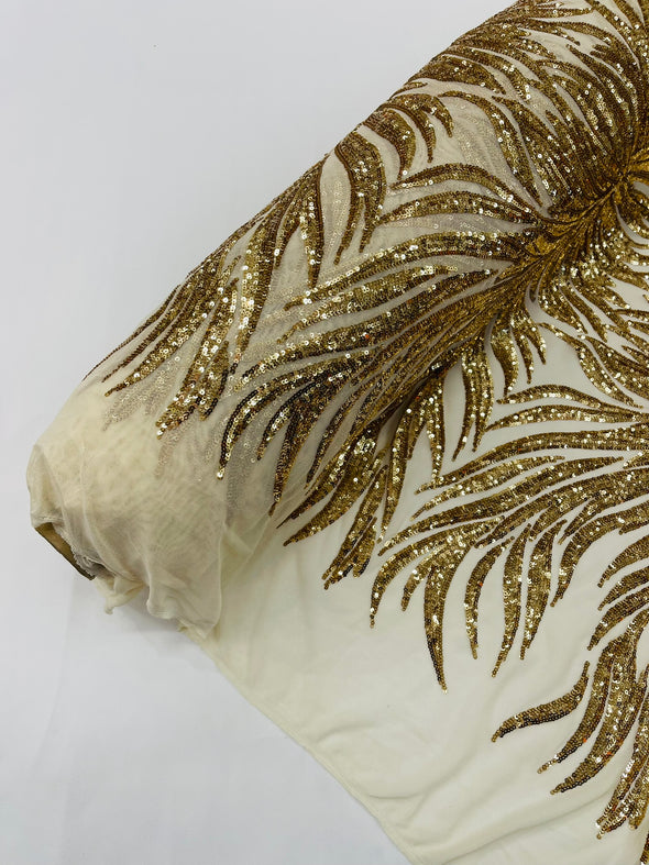 Gold Phoenix Feather Design with Sequins Embroider on a White 4 way Stretch Mesh Fabric- Sold by the yard.